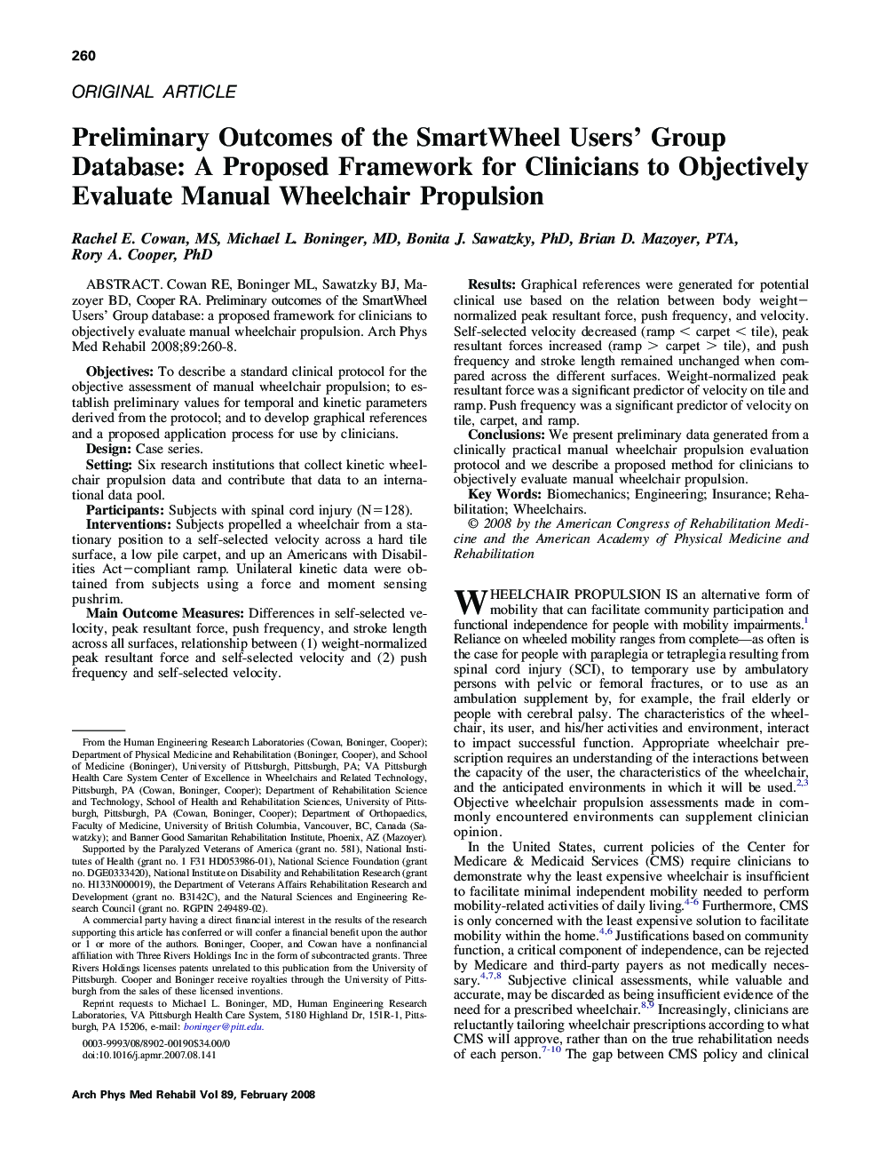 Preliminary Outcomes of the SmartWheel Users' Group Database: A Proposed Framework for Clinicians to Objectively Evaluate Manual Wheelchair Propulsion