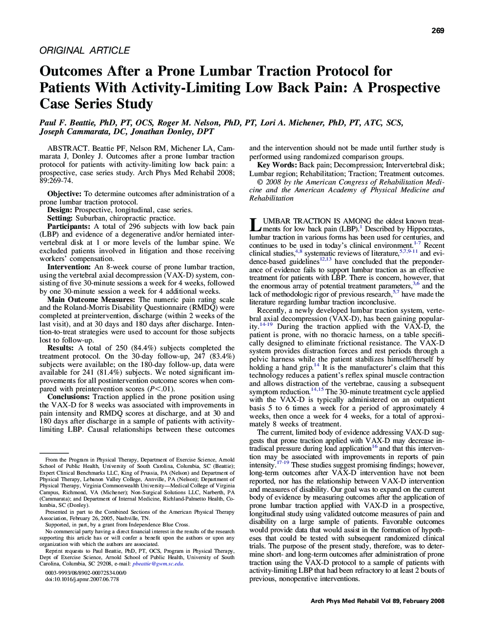 Outcomes After a Prone Lumbar Traction Protocol for Patients With Activity-Limiting Low Back Pain: A Prospective Case Series Study 