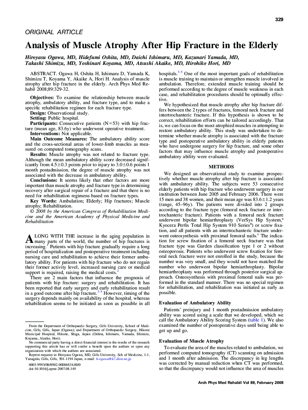 Analysis of Muscle Atrophy After Hip Fracture in the Elderly 