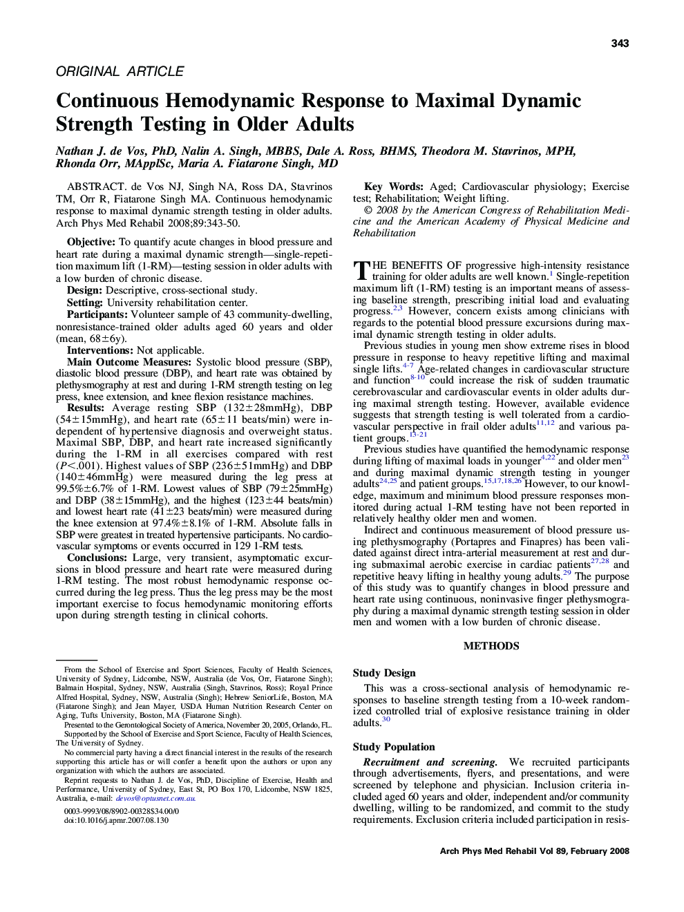 Continuous Hemodynamic Response to Maximal Dynamic Strength Testing in Older Adults