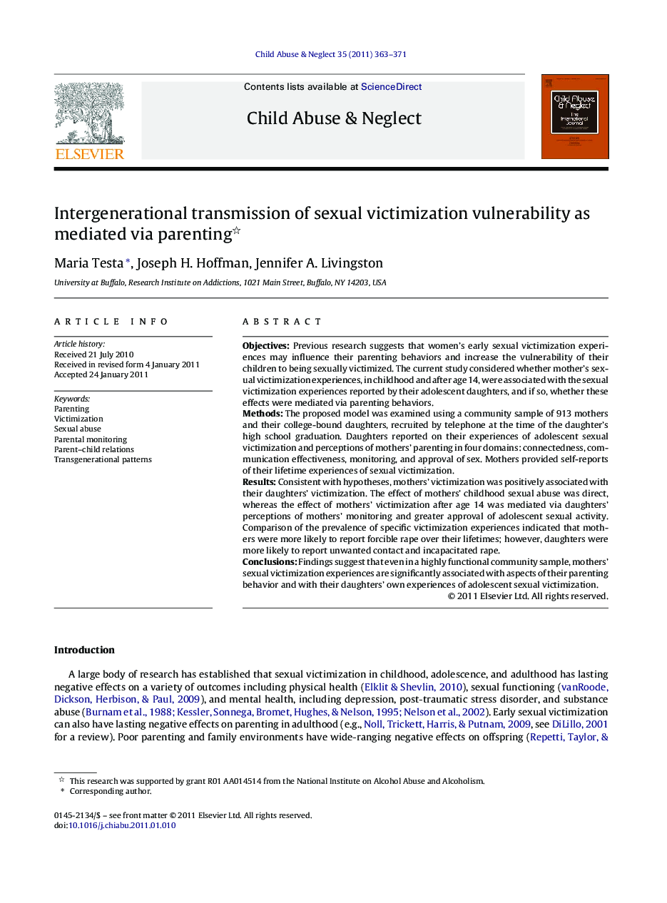 Intergenerational transmission of sexual victimization vulnerability as mediated via parenting 