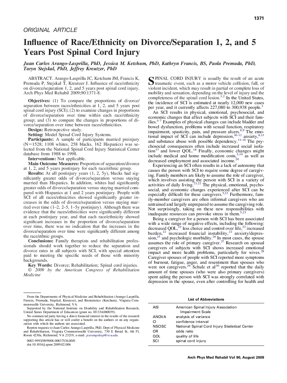 Influence of Race/Ethnicity on Divorce/Separation 1, 2, and 5 Years Post Spinal Cord Injury