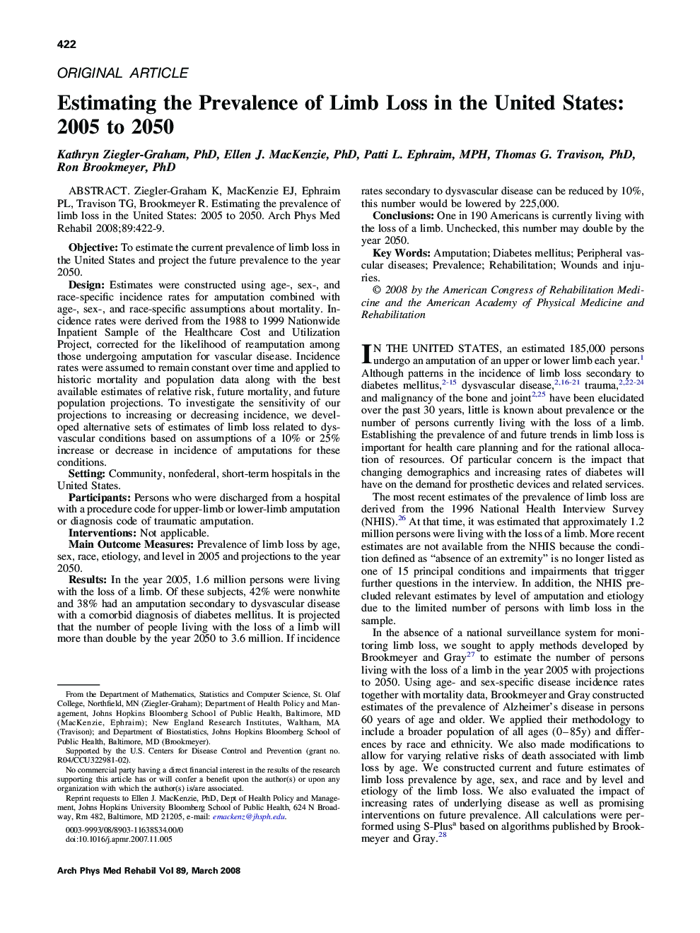 Estimating the Prevalence of Limb Loss in the United States: 2005 to 2050 