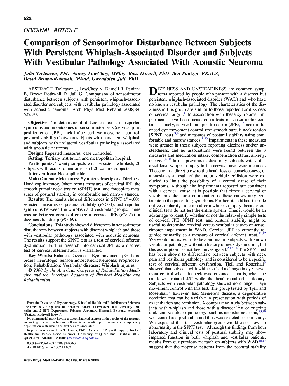 Comparison of Sensorimotor Disturbance Between Subjects With Persistent Whiplash-Associated Disorder and Subjects With Vestibular Pathology Associated With Acoustic Neuroma 