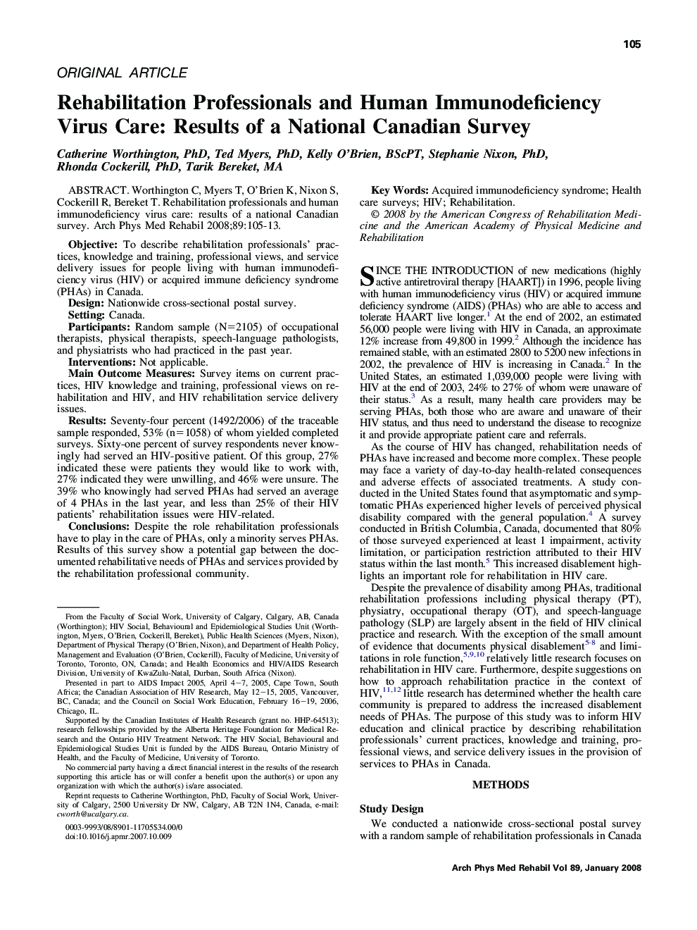 Rehabilitation Professionals and Human Immunodeficiency Virus Care: Results of a National Canadian Survey 
