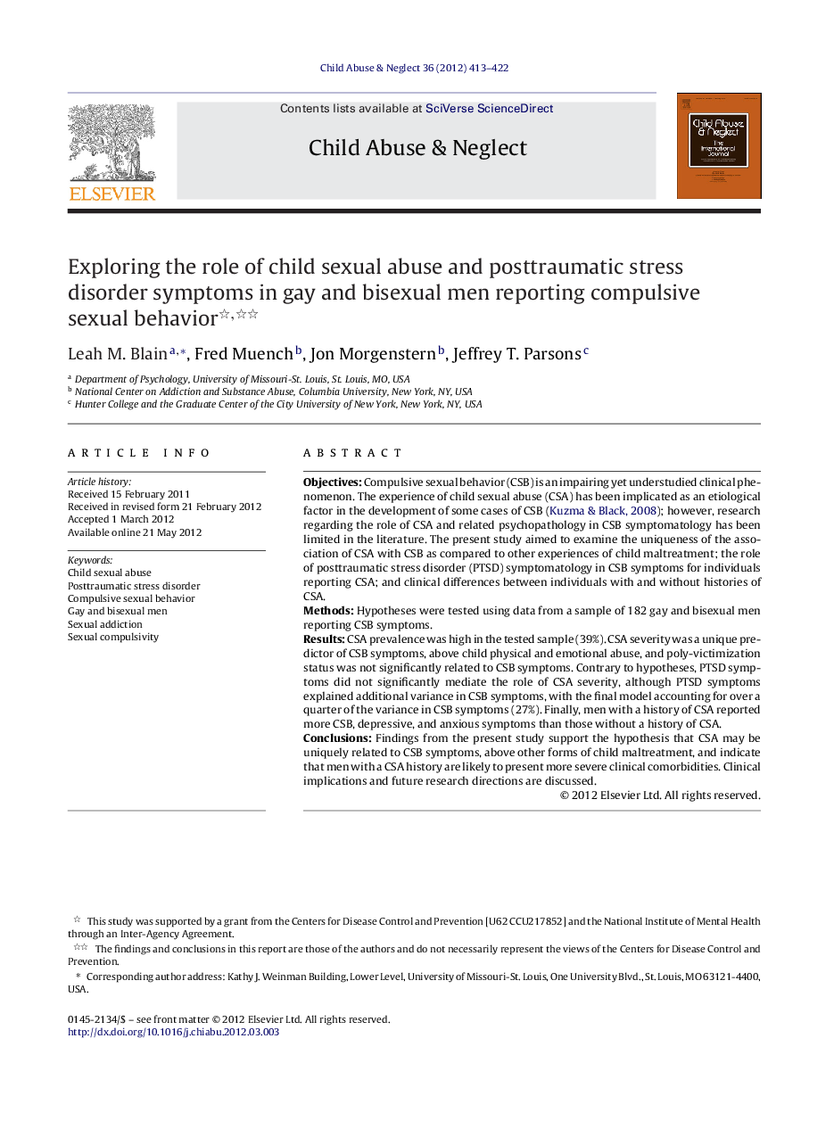 عکس صفحه اول مقاله: Exploring the role of child sexual abuse and posttraumatic stress disorder symptoms in gay and bisexual men reporting compulsive sexual behavior Exploring the role of child sexual abuse and posttraumatic stress disorder symptoms in gay and bisexual men reporting compulsive sexual behavior