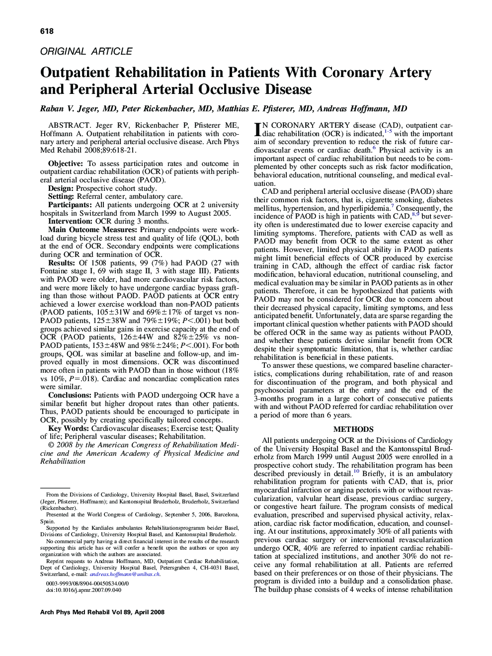 Outpatient Rehabilitation in Patients With Coronary Artery and Peripheral Arterial Occlusive Disease 