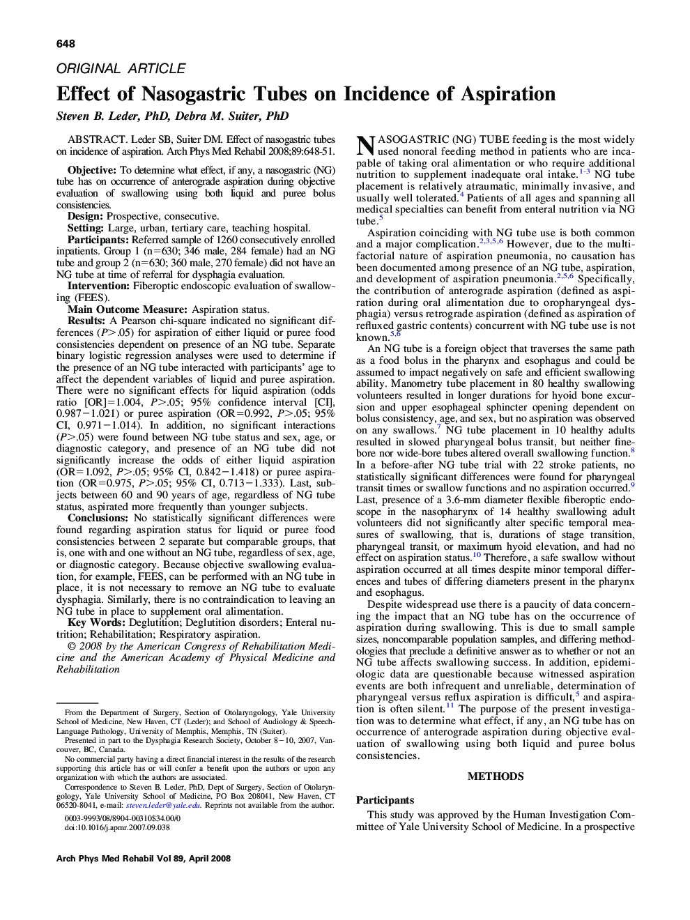 Effect of Nasogastric Tubes on Incidence of Aspiration 