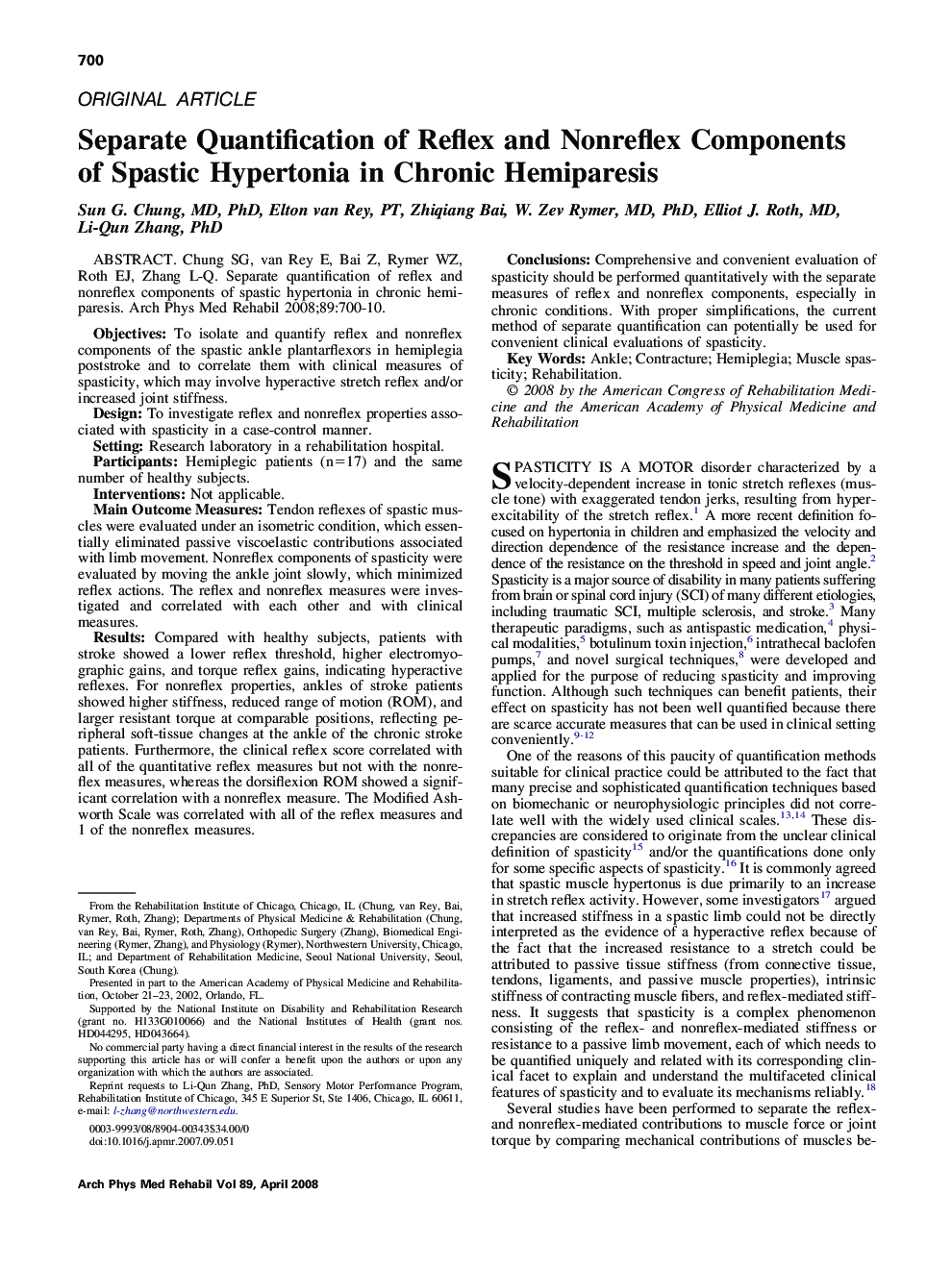 Separate Quantification of Reflex and Nonreflex Components of Spastic Hypertonia in Chronic Hemiparesis