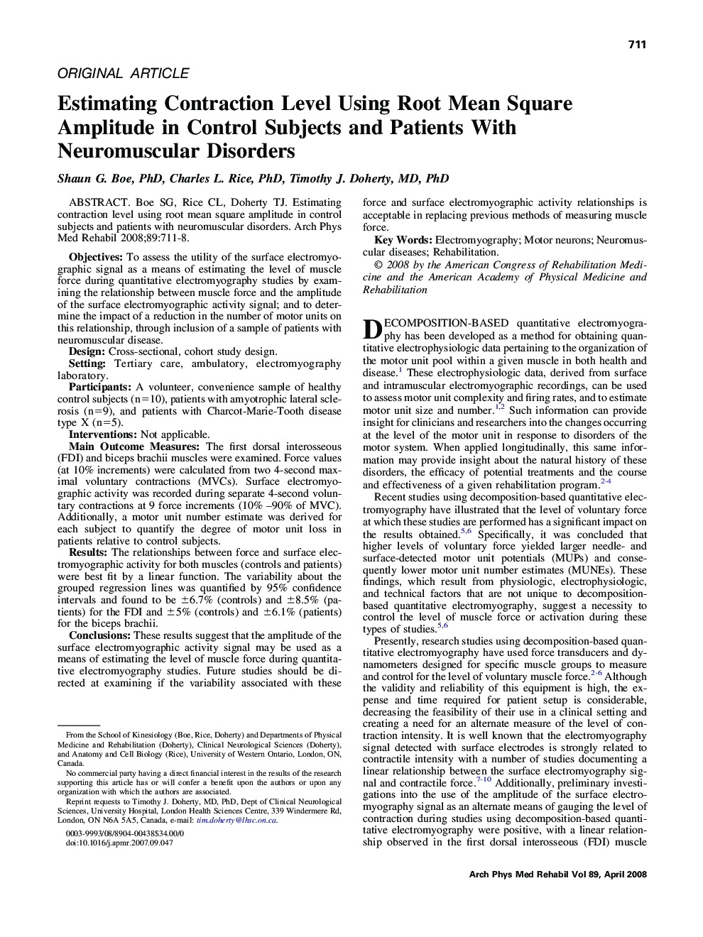 Estimating Contraction Level Using Root Mean Square Amplitude in Control Subjects and Patients With Neuromuscular Disorders 