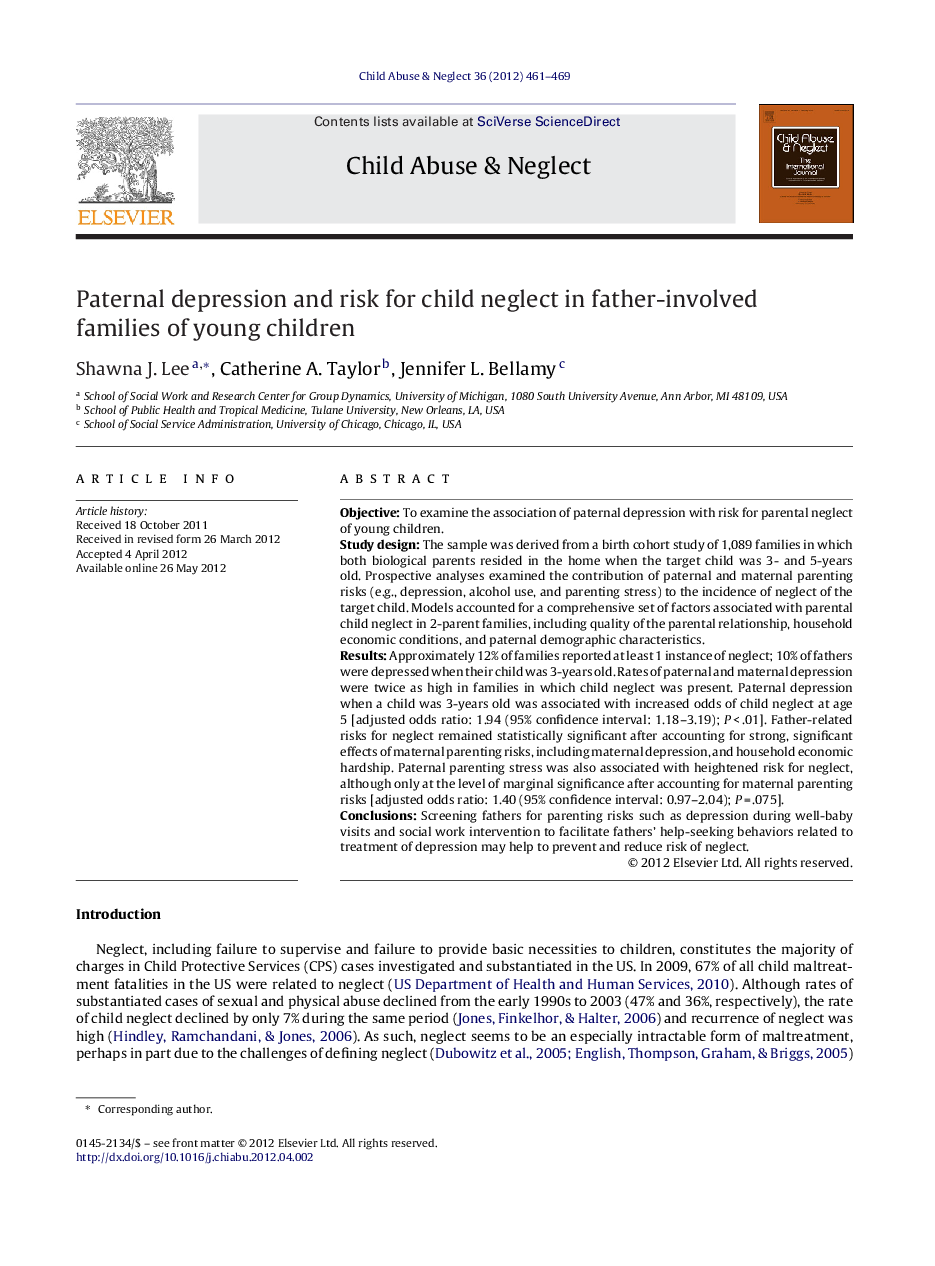 عکس صفحه اول مقاله: Paternal depression and risk for child neglect in father-involved families of young children Paternal depression and risk for child neglect in father-involved families of young children