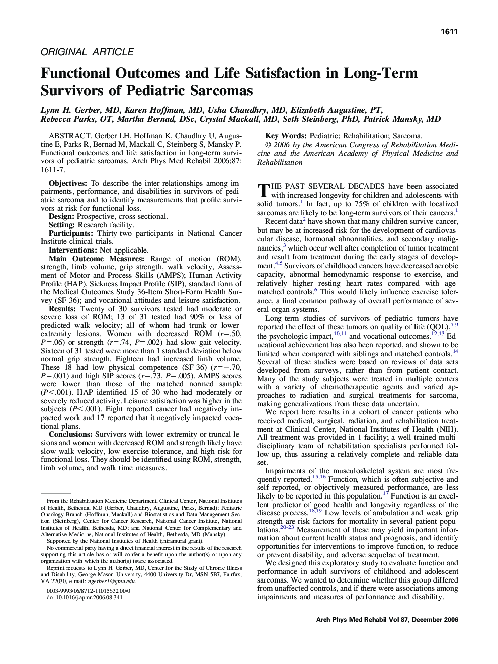 Functional Outcomes and Life Satisfaction in Long-Term Survivors of Pediatric Sarcomas 