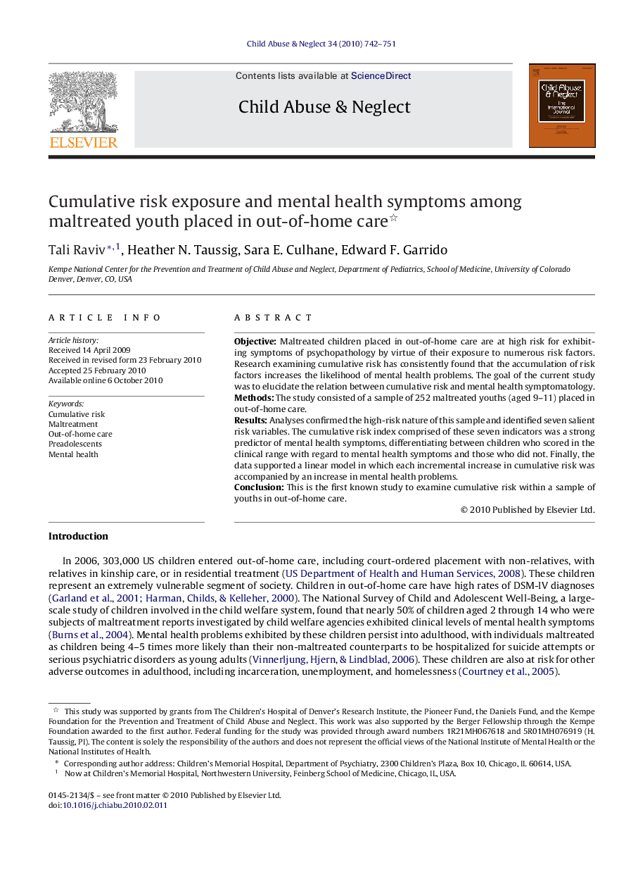 Cumulative risk exposure and mental health symptoms among maltreated youth placed in out-of-home care 