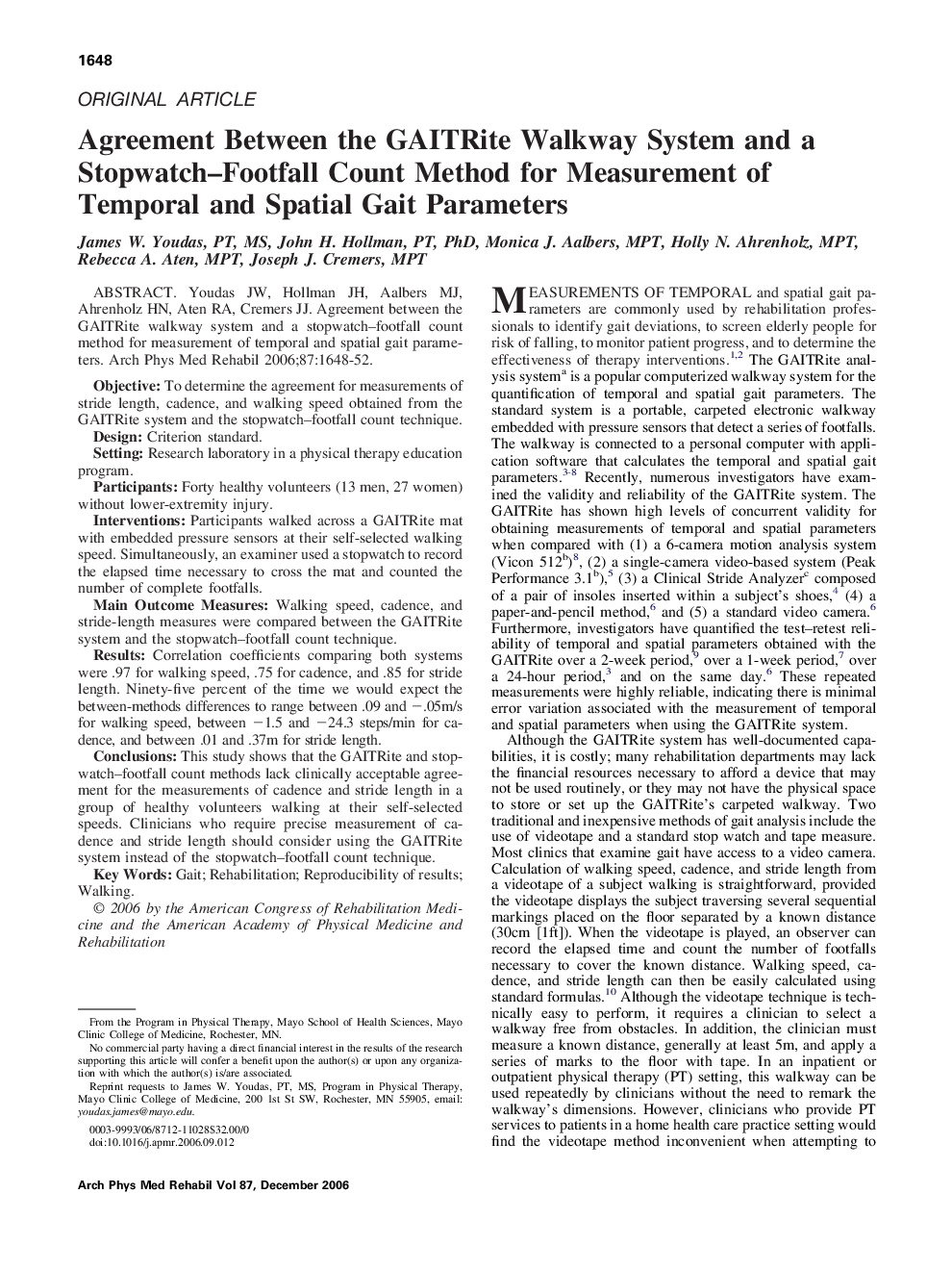 عکس صفحه اول مقاله: Agreement Between the GAITRite Walkway System and a Stopwatch–Footfall Count Method for Measurement of Temporal and Spatial Gait Parameters Agreement Between the GAITRite Walkway System and a Stopwatch–Footfall Count Method for Measurement of Temporal and Spatial Gait Parameters