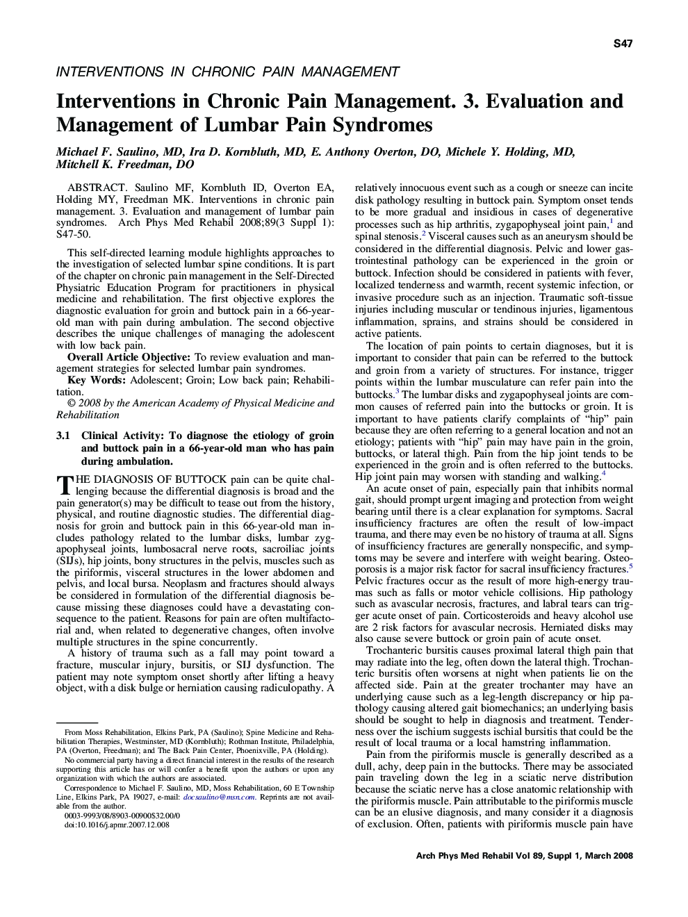 Interventions in Chronic Pain Management. 3. Evaluation and Management of Lumbar Pain Syndromes 