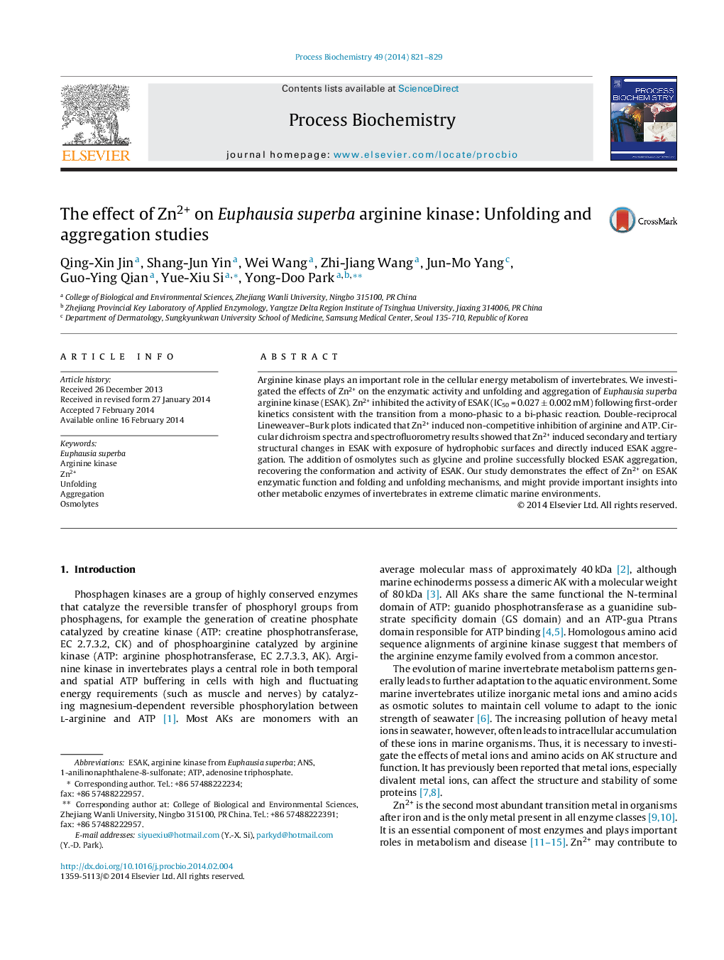 The effect of Zn2+ on Euphausia superba arginine kinase: Unfolding and aggregation studies