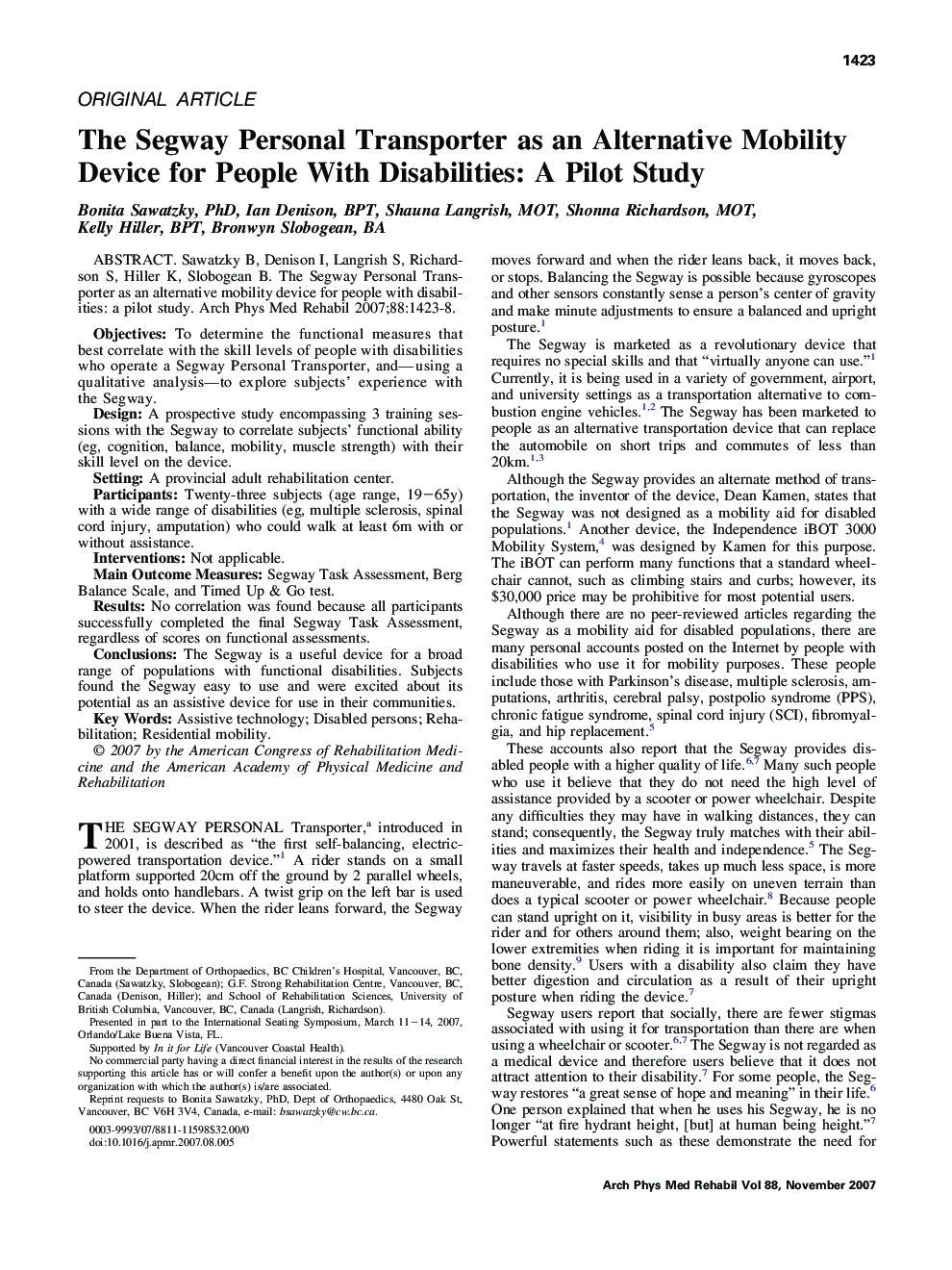 The Segway Personal Transporter as an Alternative Mobility Device for People With Disabilities: A Pilot Study