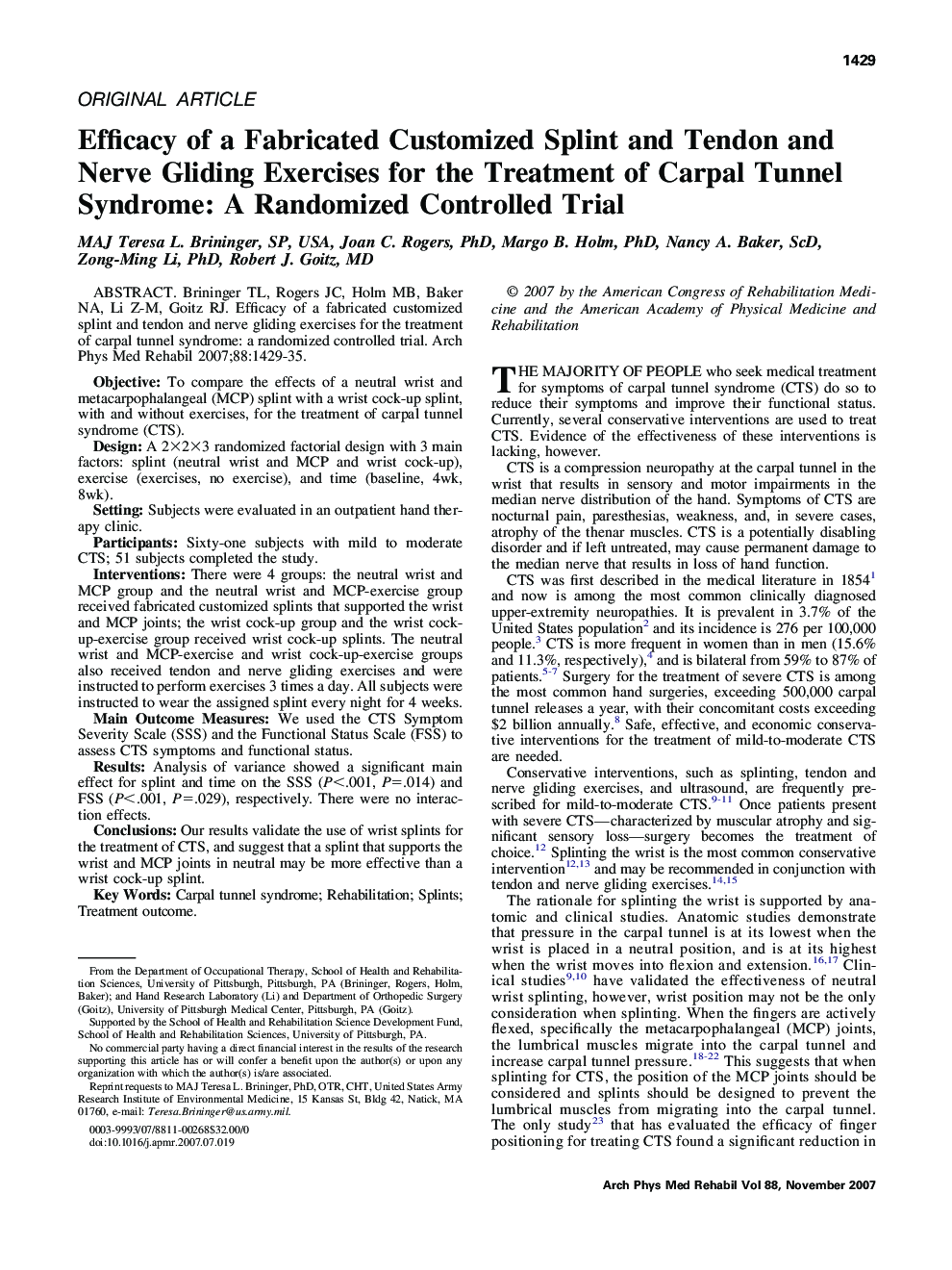 Efficacy of a Fabricated Customized Splint and Tendon and Nerve Gliding Exercises for the Treatment of Carpal Tunnel Syndrome: A Randomized Controlled Trial 