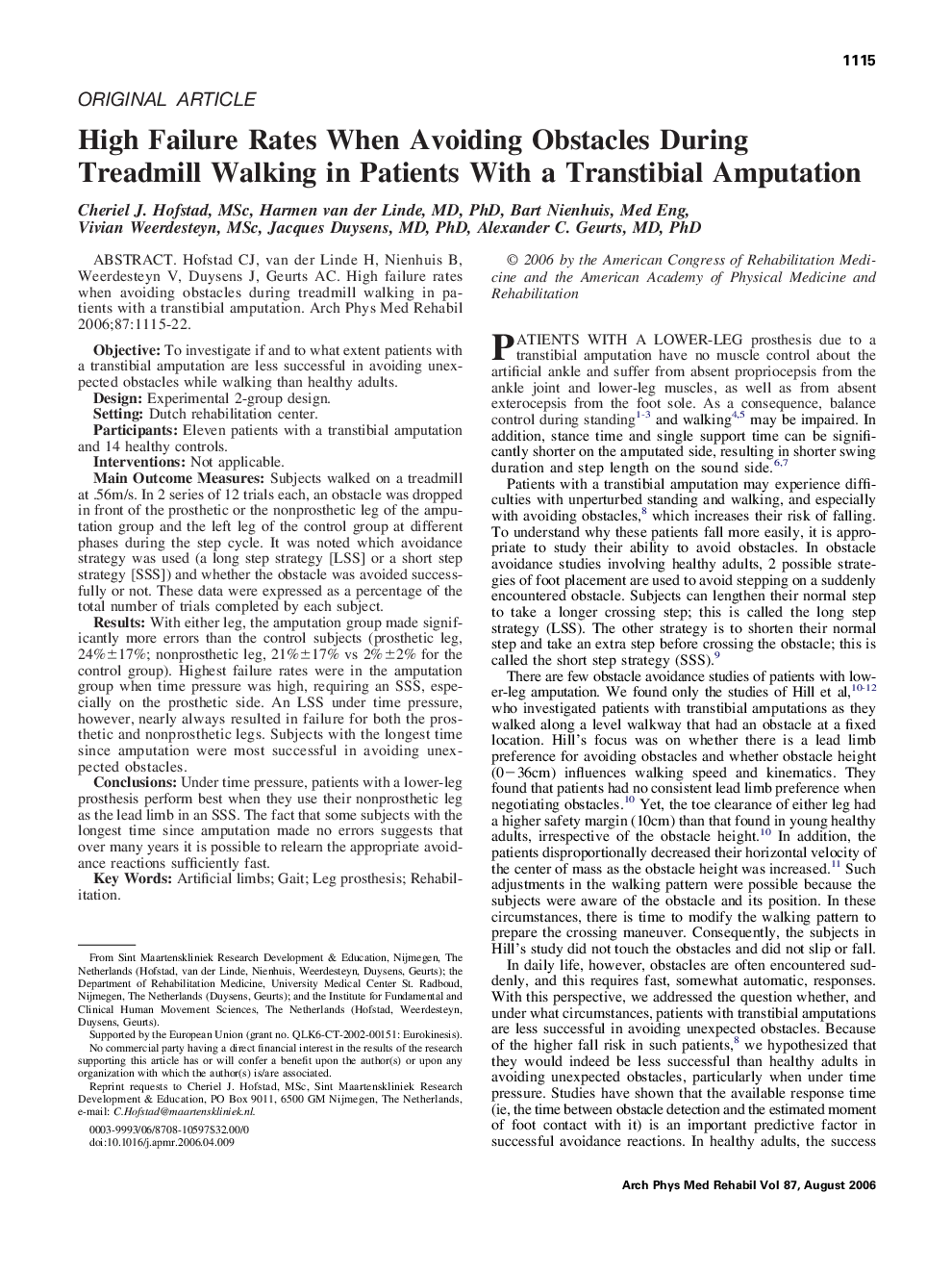 High Failure Rates When Avoiding Obstacles During Treadmill Walking in Patients With a Transtibial Amputation