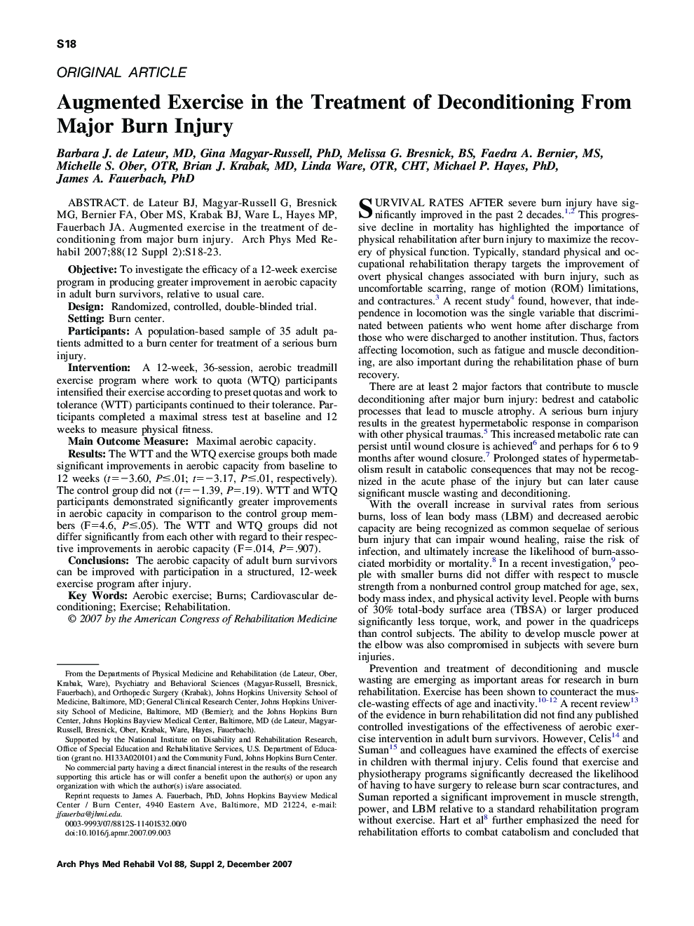 Augmented Exercise in the Treatment of Deconditioning From Major Burn Injury