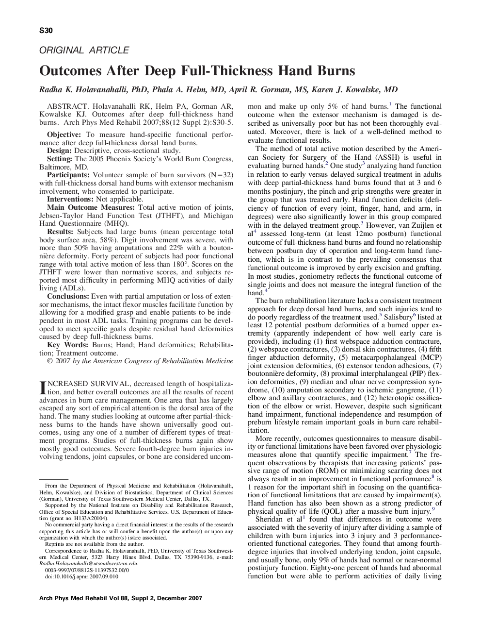 Outcomes After Deep Full-Thickness Hand Burns