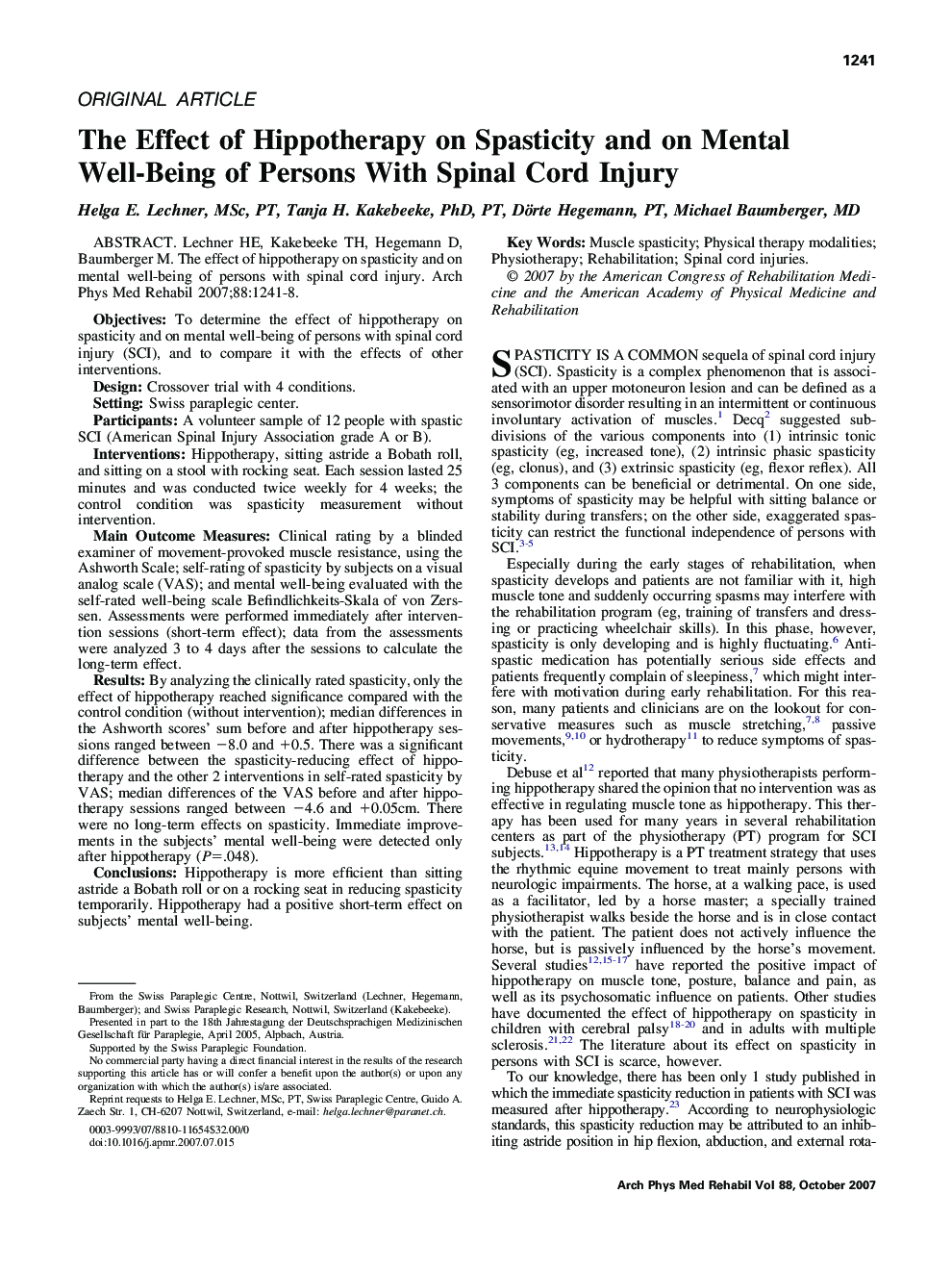 The Effect of Hippotherapy on Spasticity and on Mental Well-Being of Persons With Spinal Cord Injury