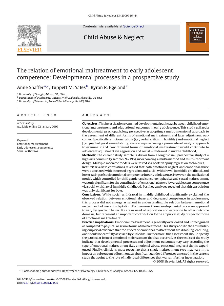 The relation of emotional maltreatment to early adolescent competence: Developmental processes in a prospective study