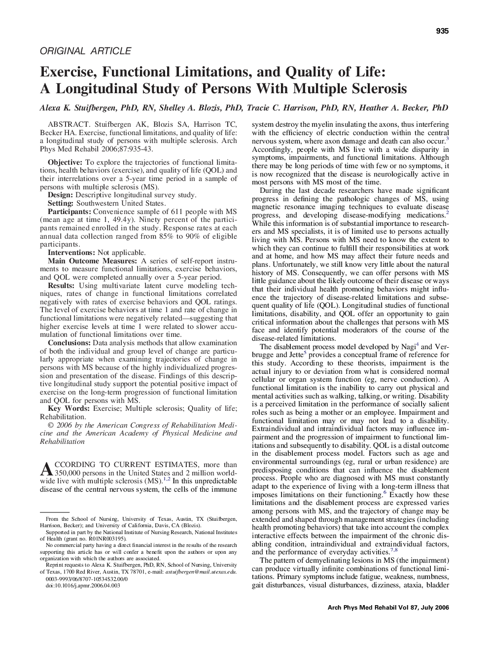 Exercise, Functional Limitations, and Quality of Life: A Longitudinal Study of Persons With Multiple Sclerosis 