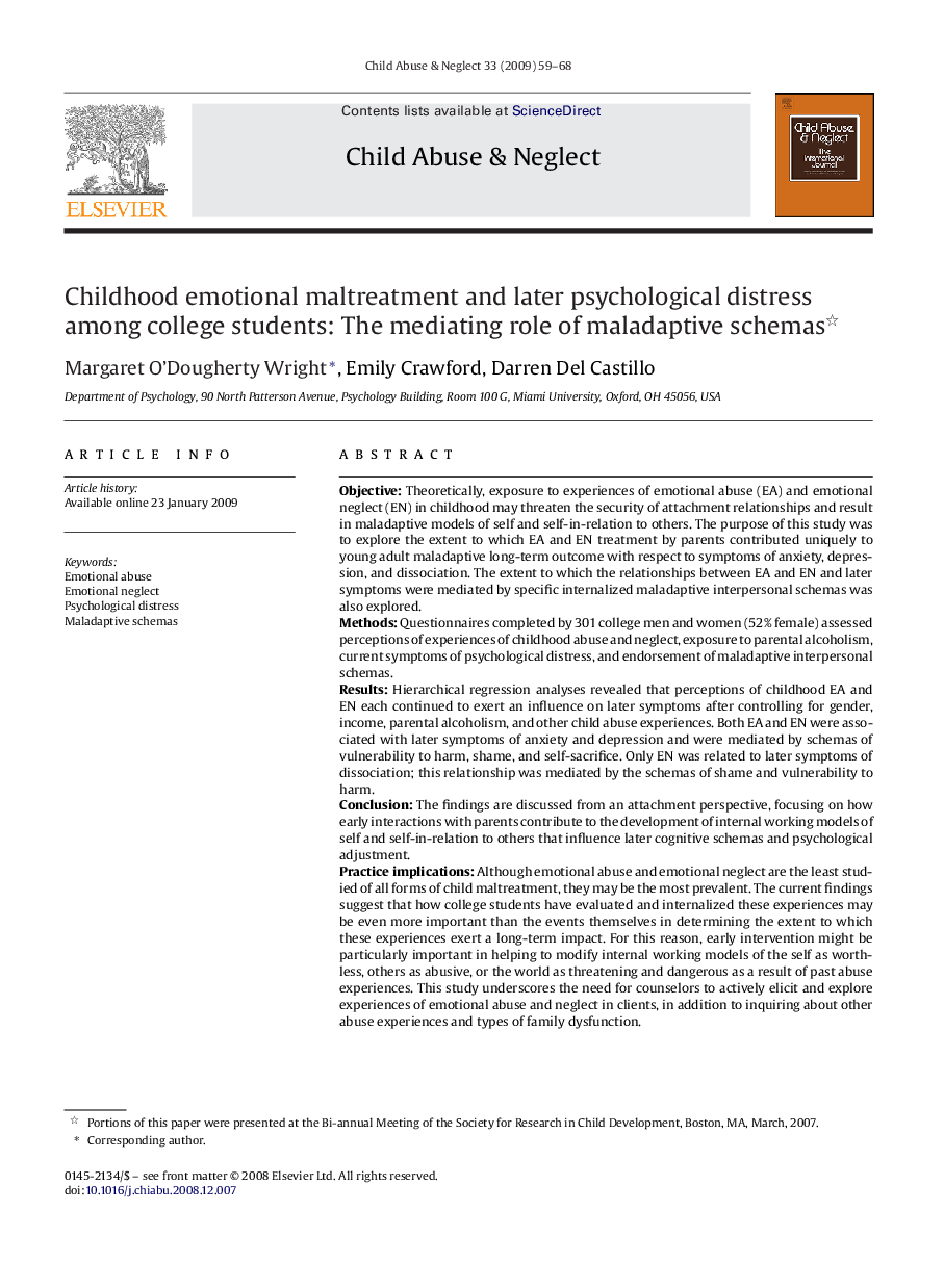 Childhood emotional maltreatment and later psychological distress among college students: The mediating role of maladaptive schemas 