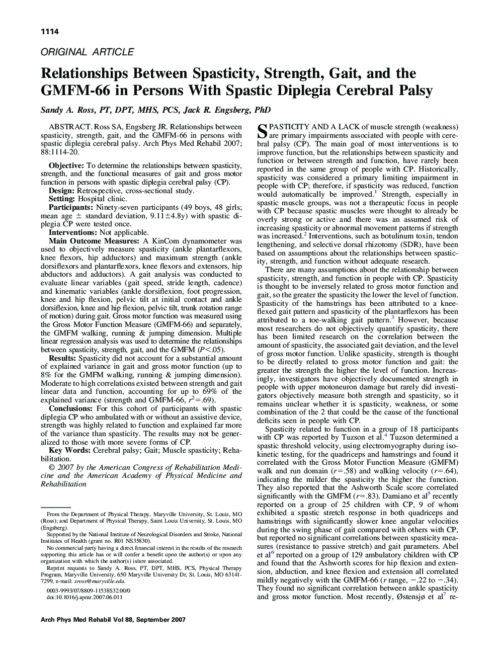 Relationships Between Spasticity, Strength, Gait, and the GMFM-66 in Persons With Spastic Diplegia Cerebral Palsy 