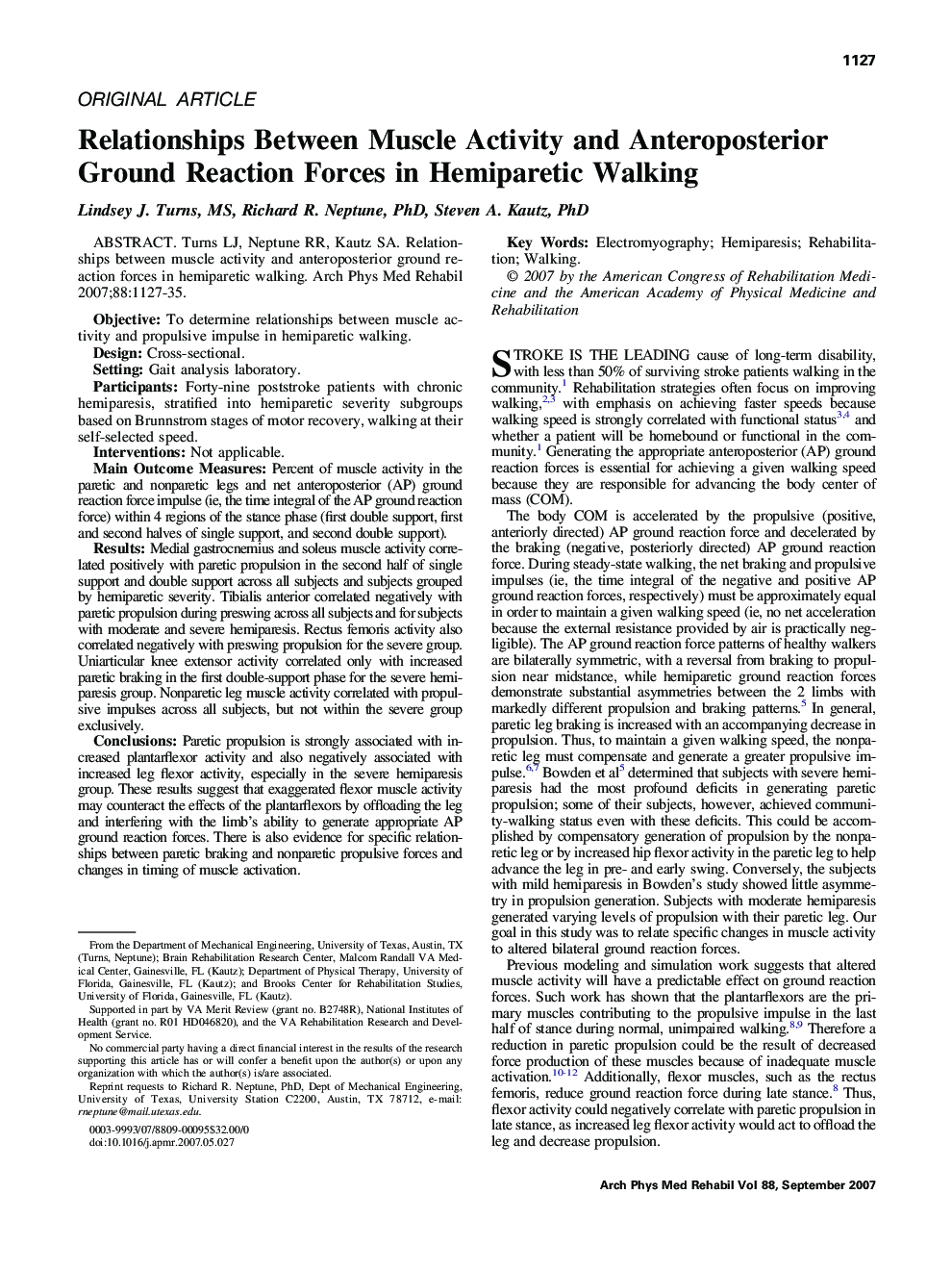Relationships Between Muscle Activity and Anteroposterior Ground Reaction Forces in Hemiparetic Walking 