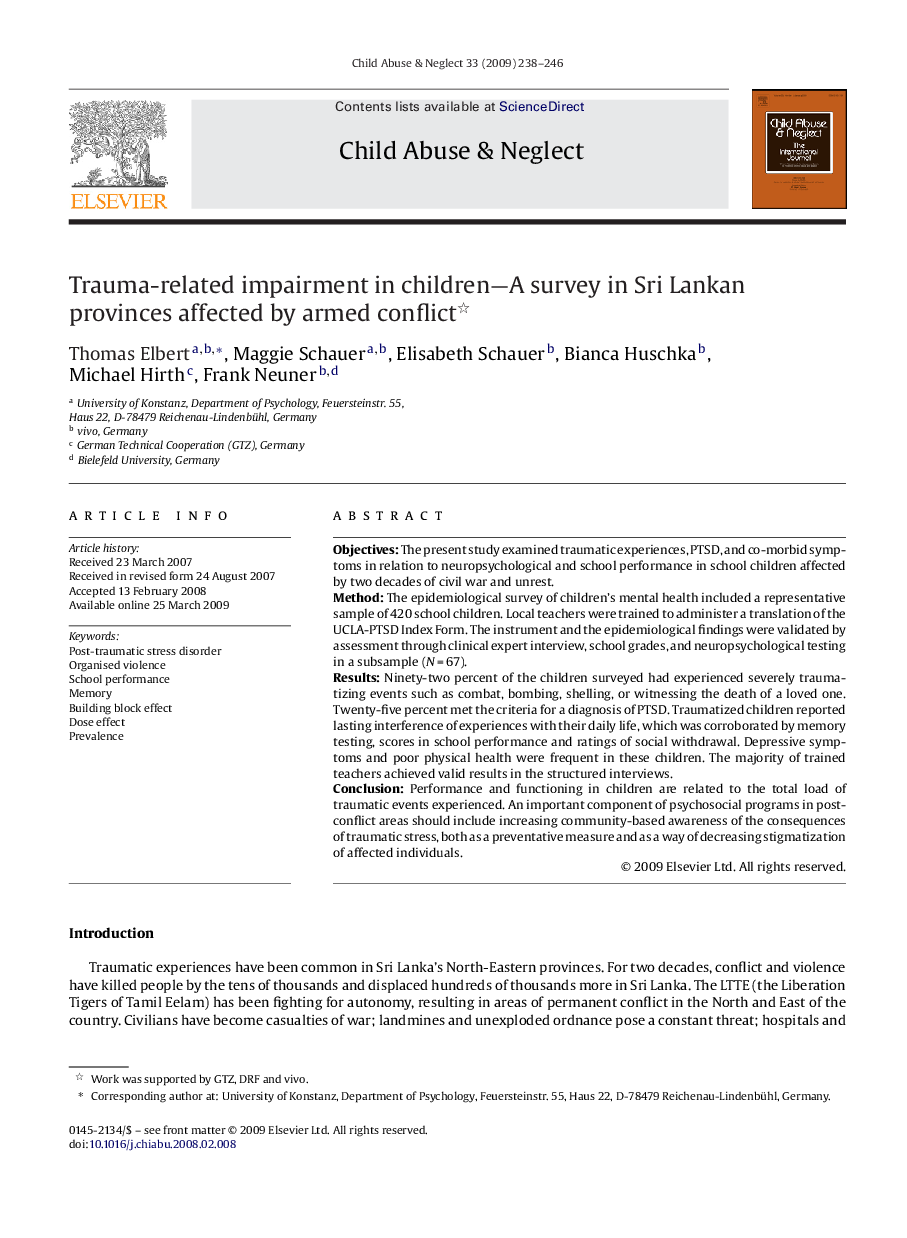 Trauma-related impairment in children—A survey in Sri Lankan provinces affected by armed conflict 