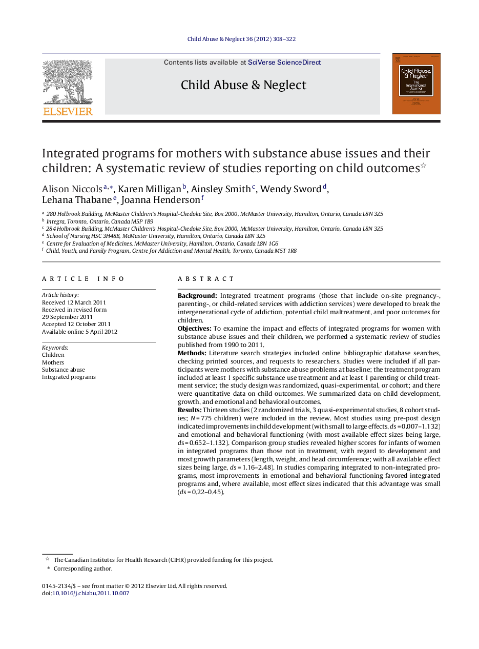 Integrated programs for mothers with substance abuse issues and their children: A systematic review of studies reporting on child outcomes 