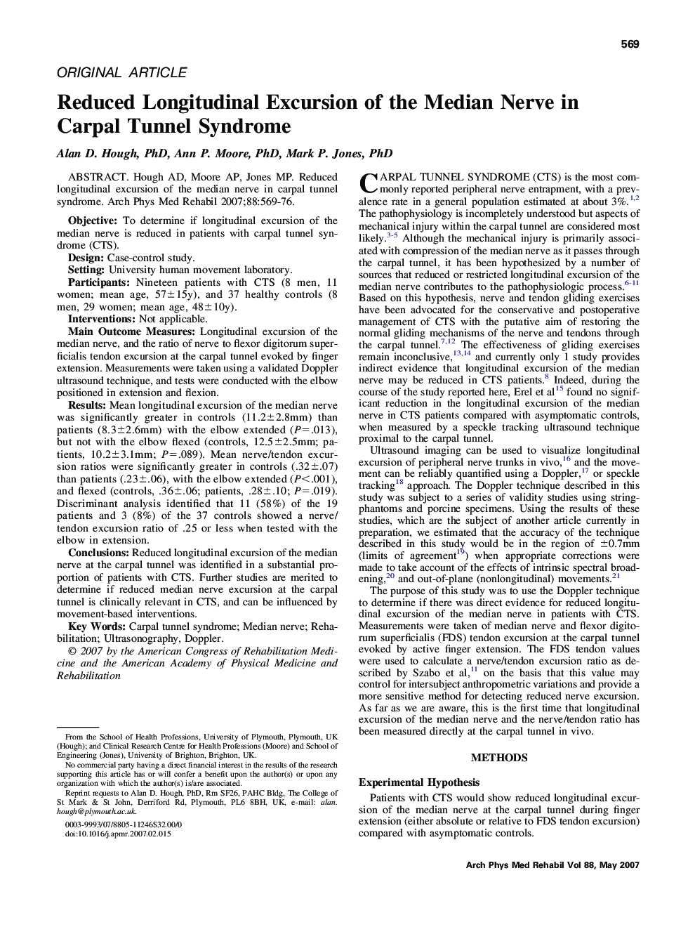 Reduced Longitudinal Excursion of the Median Nerve in Carpal Tunnel Syndrome 