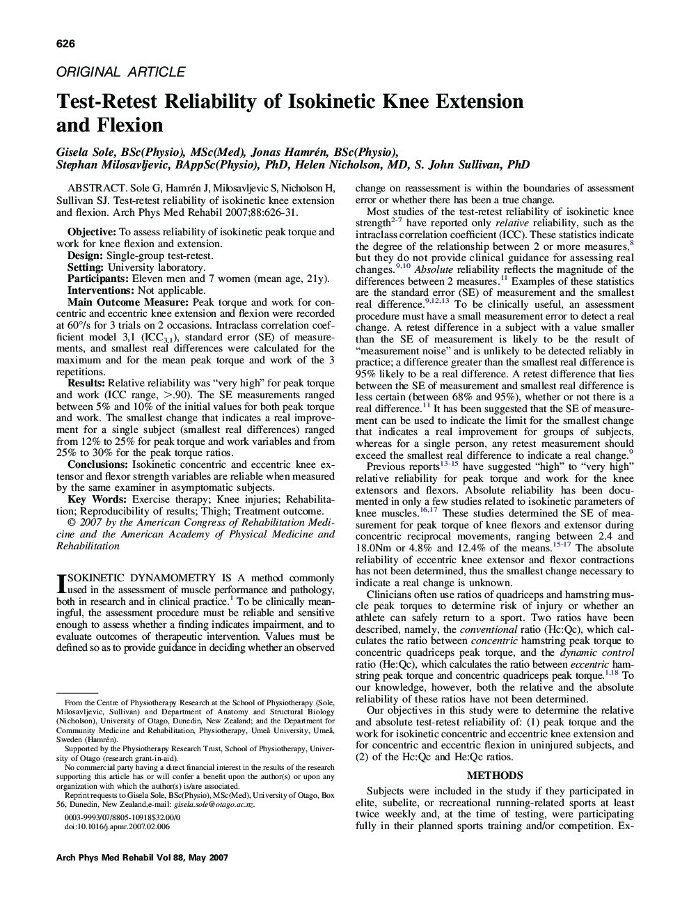 Test-Retest Reliability of Isokinetic Knee Extension and Flexion 