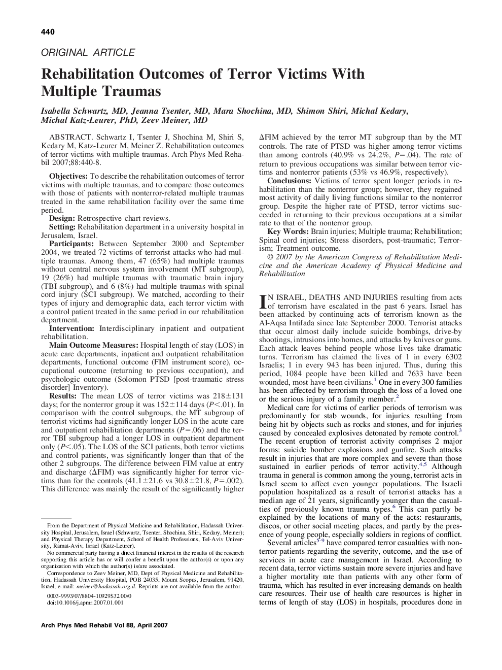 Rehabilitation Outcomes of Terror Victims With Multiple Traumas