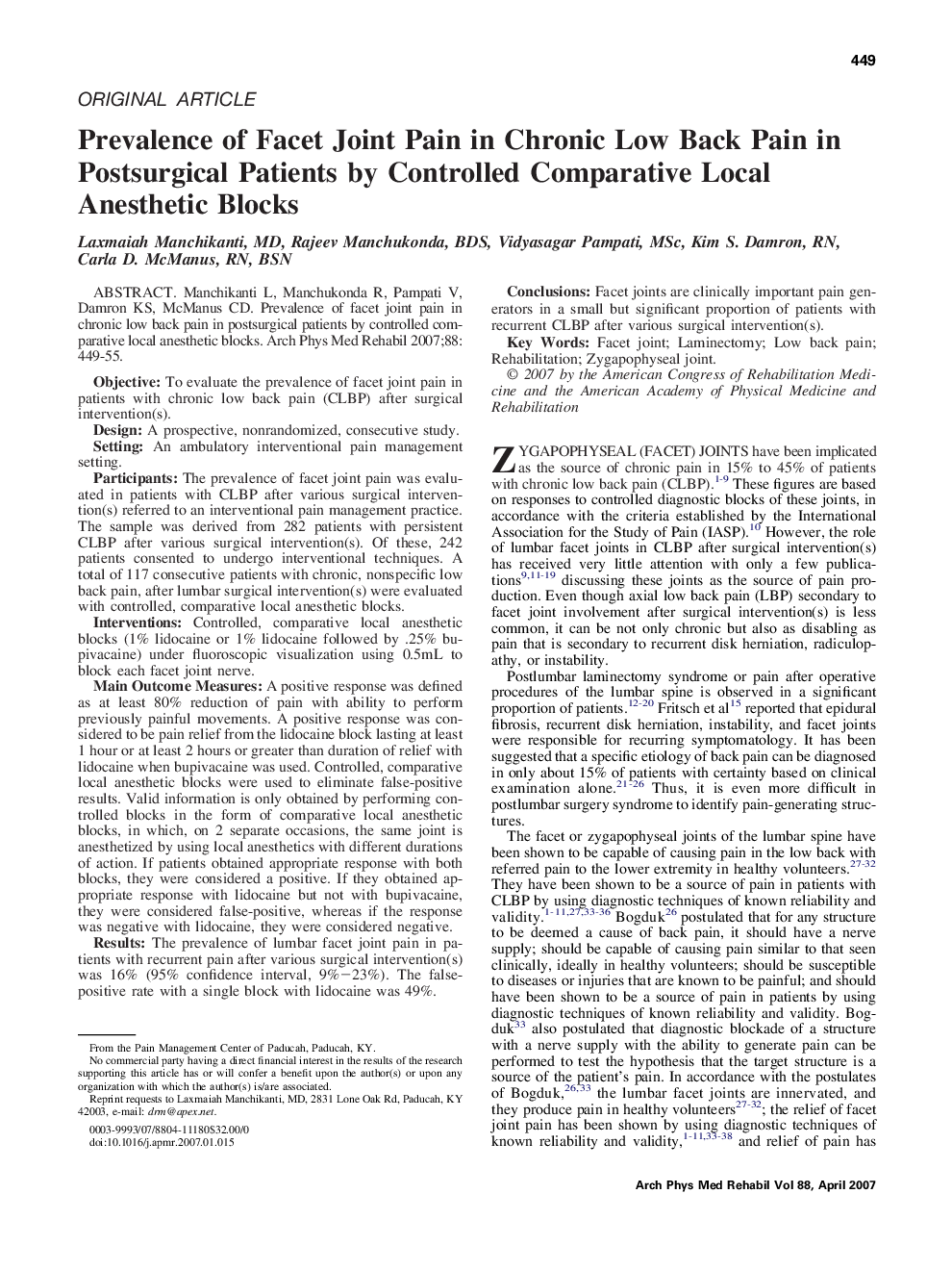 Prevalence of Facet Joint Pain in Chronic Low Back Pain in Postsurgical Patients by Controlled Comparative Local Anesthetic Blocks