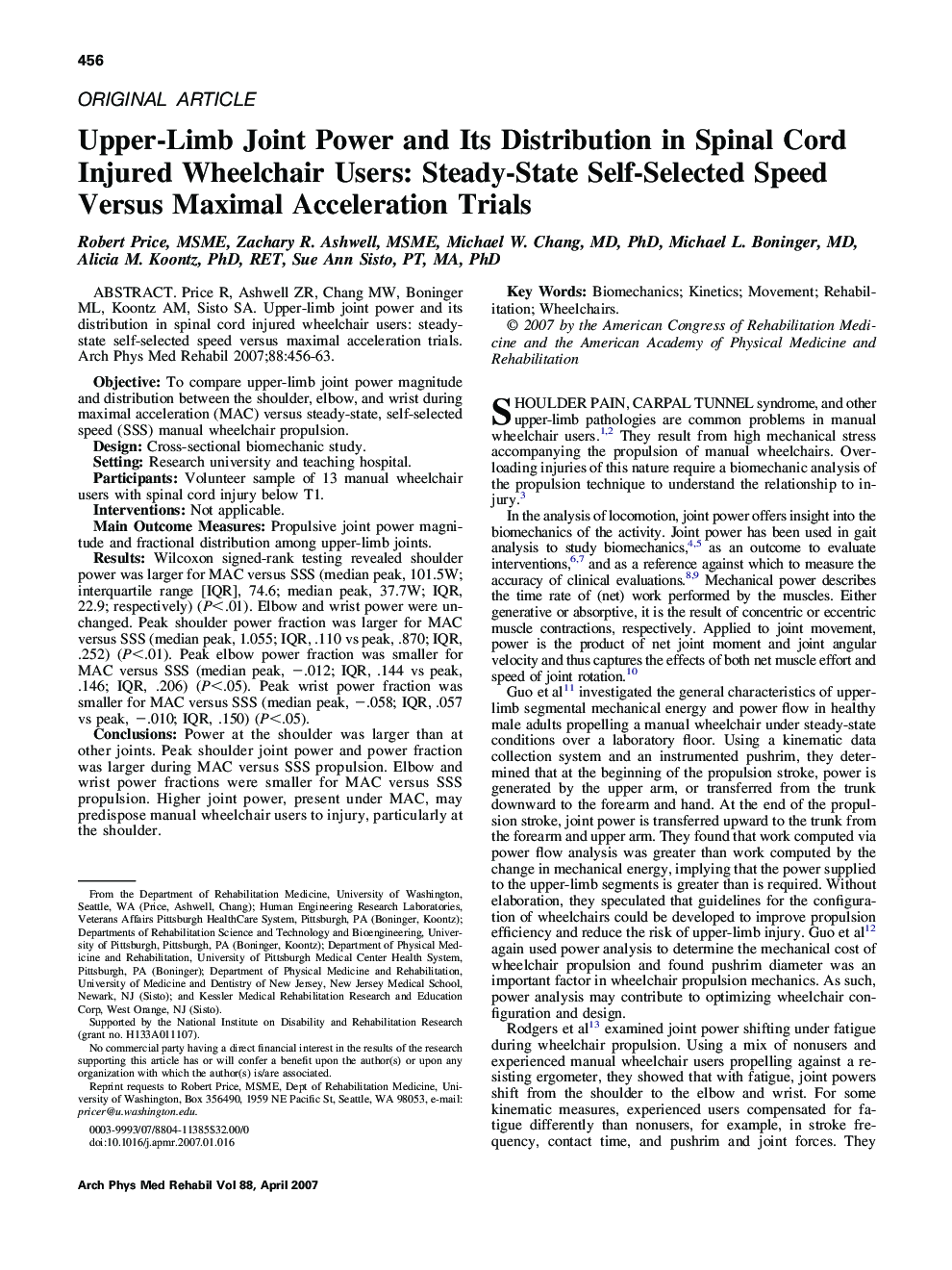 Upper-Limb Joint Power and Its Distribution in Spinal Cord Injured Wheelchair Users: Steady-State Self-Selected Speed Versus Maximal Acceleration Trials 