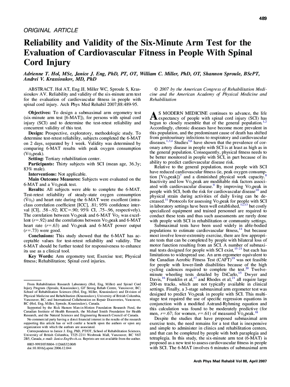 Reliability and Validity of the Six-Minute Arm Test for the Evaluation of Cardiovascular Fitness in People With Spinal Cord Injury 