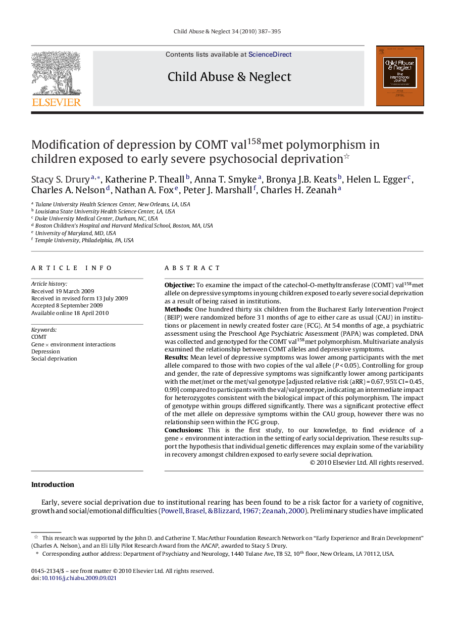 Modification of depression by COMT val158met polymorphism in children exposed to early severe psychosocial deprivation 