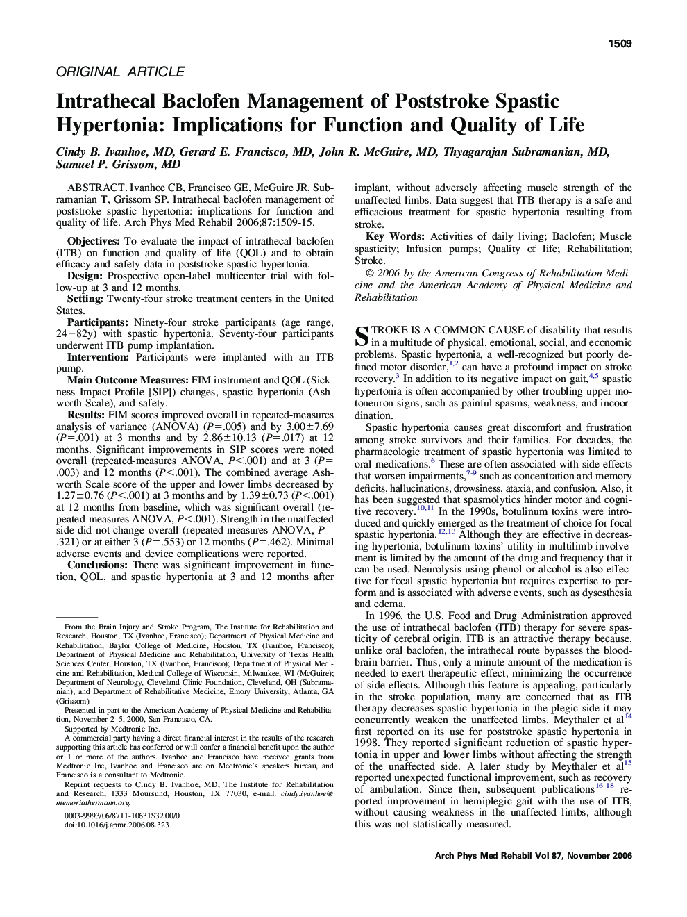 Intrathecal Baclofen Management of Poststroke Spastic Hypertonia: Implications for Function and Quality of Life 