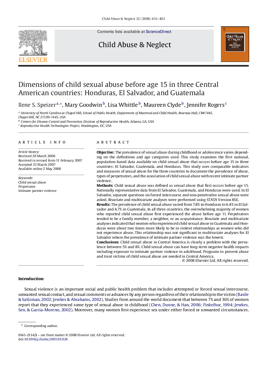 Dimensions of child sexual abuse before age 15 in three Central American countries: Honduras, El Salvador, and Guatemala