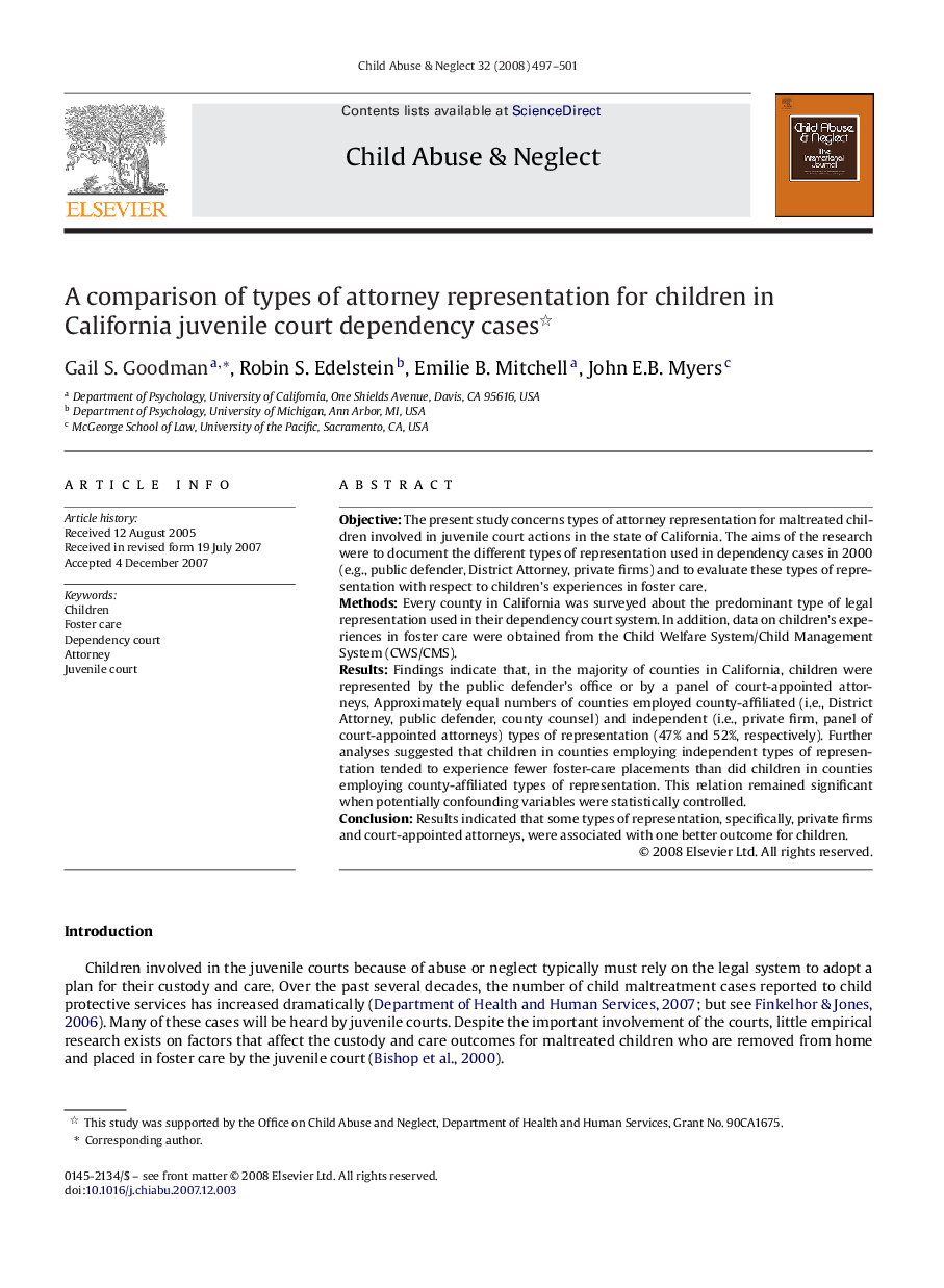 A comparison of types of attorney representation for children in California juvenile court dependency cases 