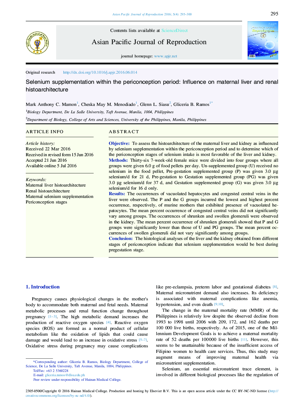 Selenium supplementation within the periconception period: Influence on maternal liver and renal histoarchitecture 