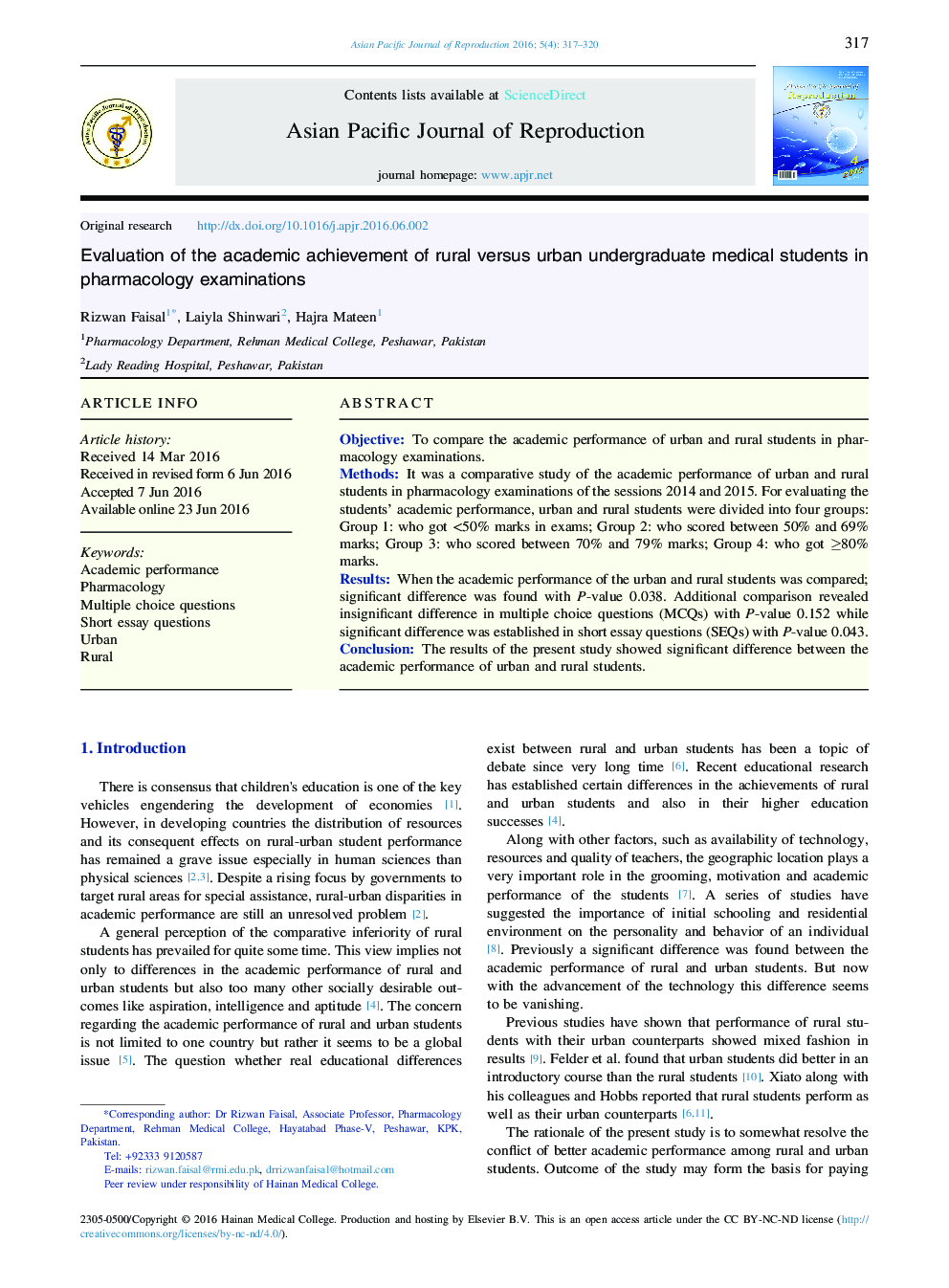 Evaluation of the academic achievement of rural versus urban undergraduate medical students in pharmacology examinations 