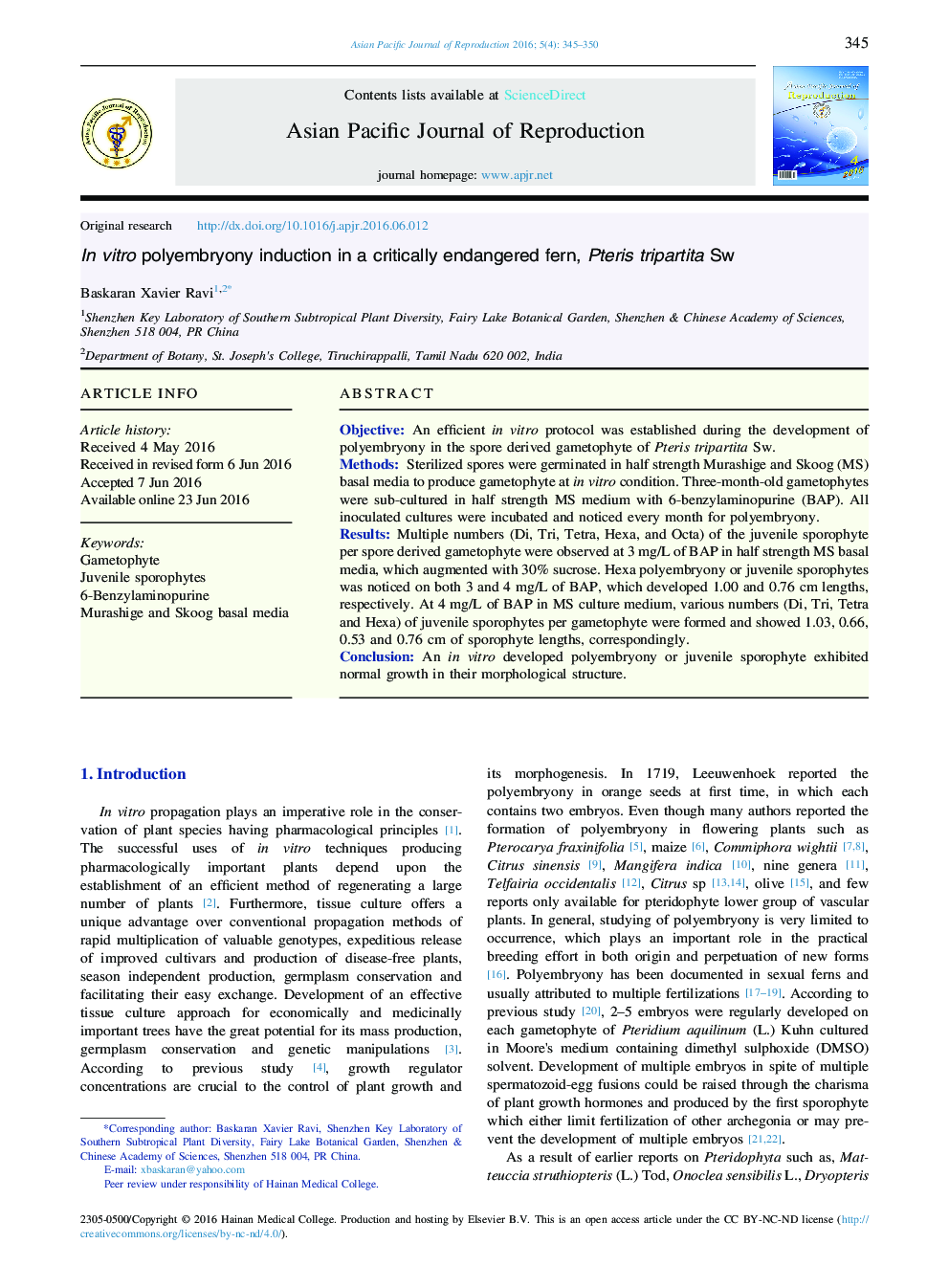 In vitro polyembryony induction in a critically endangered fern, Pteris tripartita Sw 