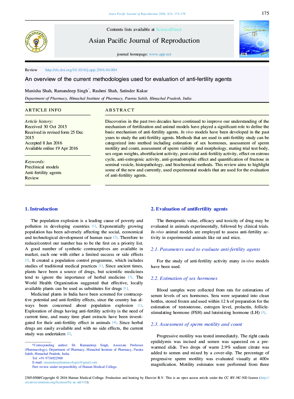 An overview of the current methodologies used for evaluation of anti-fertility agents 