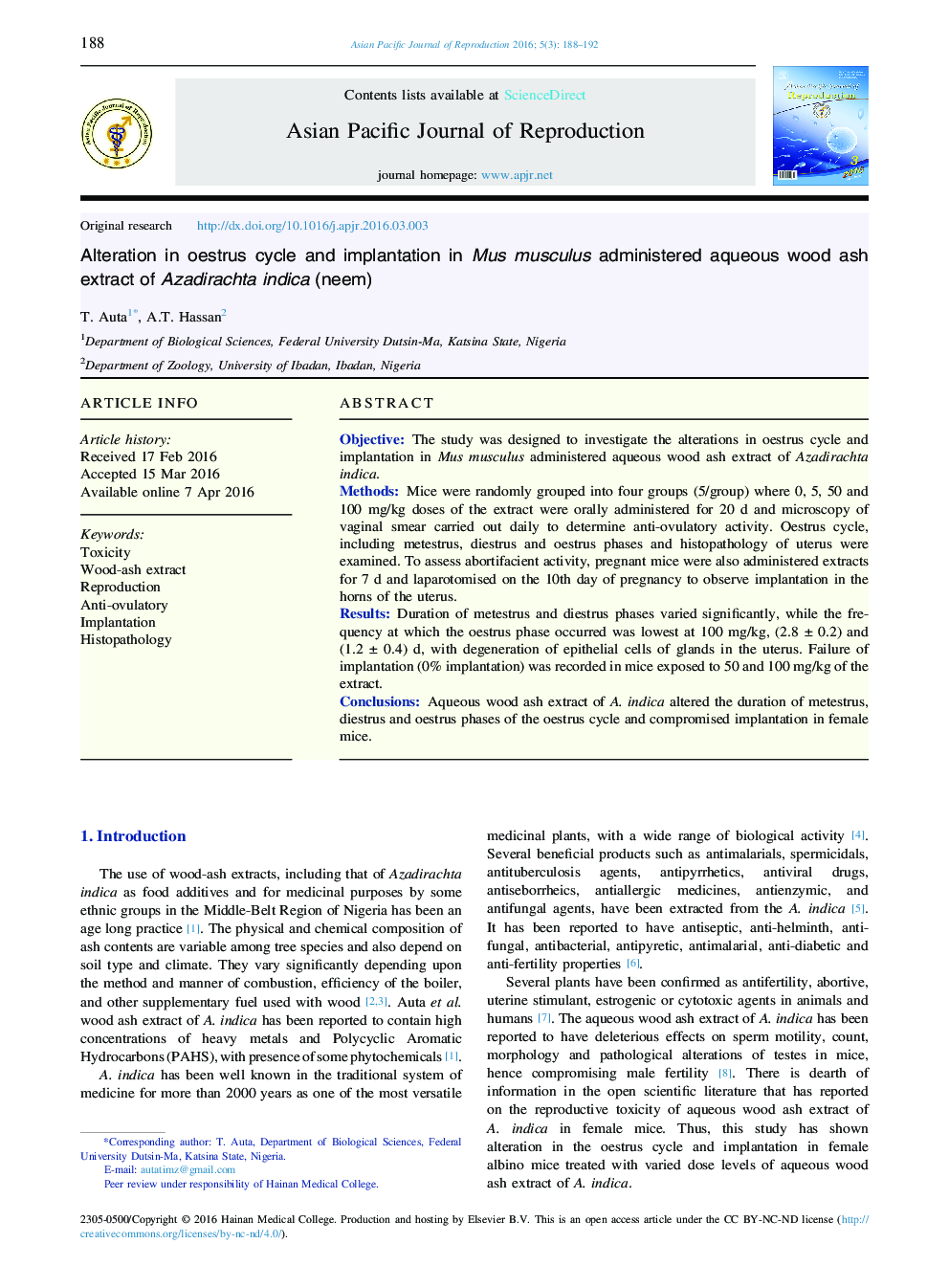 Alteration in oestrus cycle and implantation in Mus musculus administered aqueous wood ash extract of Azadirachta indica (neem) 