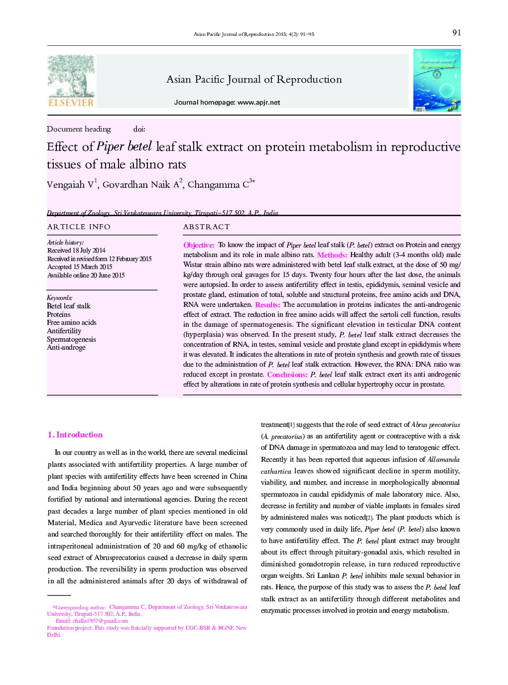 Effect of Piper betel leaf stalk extract on protein metabolism in reproductive tissues of male albino rats 