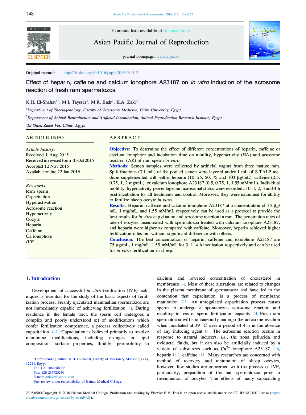 Effect of heparin, caffeine and calcium ionophore A23187 on in vitro induction of the acrosome reaction of fresh ram spermatozoa 